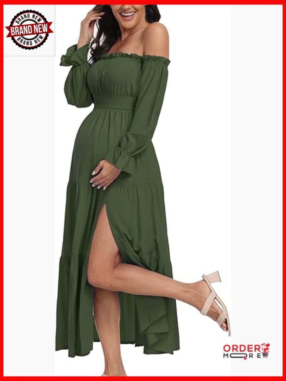 Off Shoulder Maternity Maxi Dress Long Sleeve Side Split Flowy Tiered